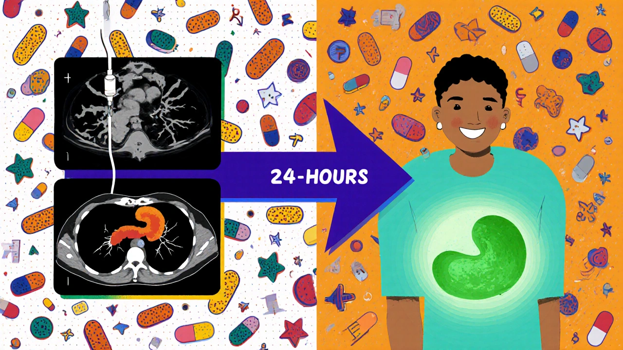 Paciente antes y después de dejar el medicamento: páncreas dañado vs. recuperado en estilo geométrico.