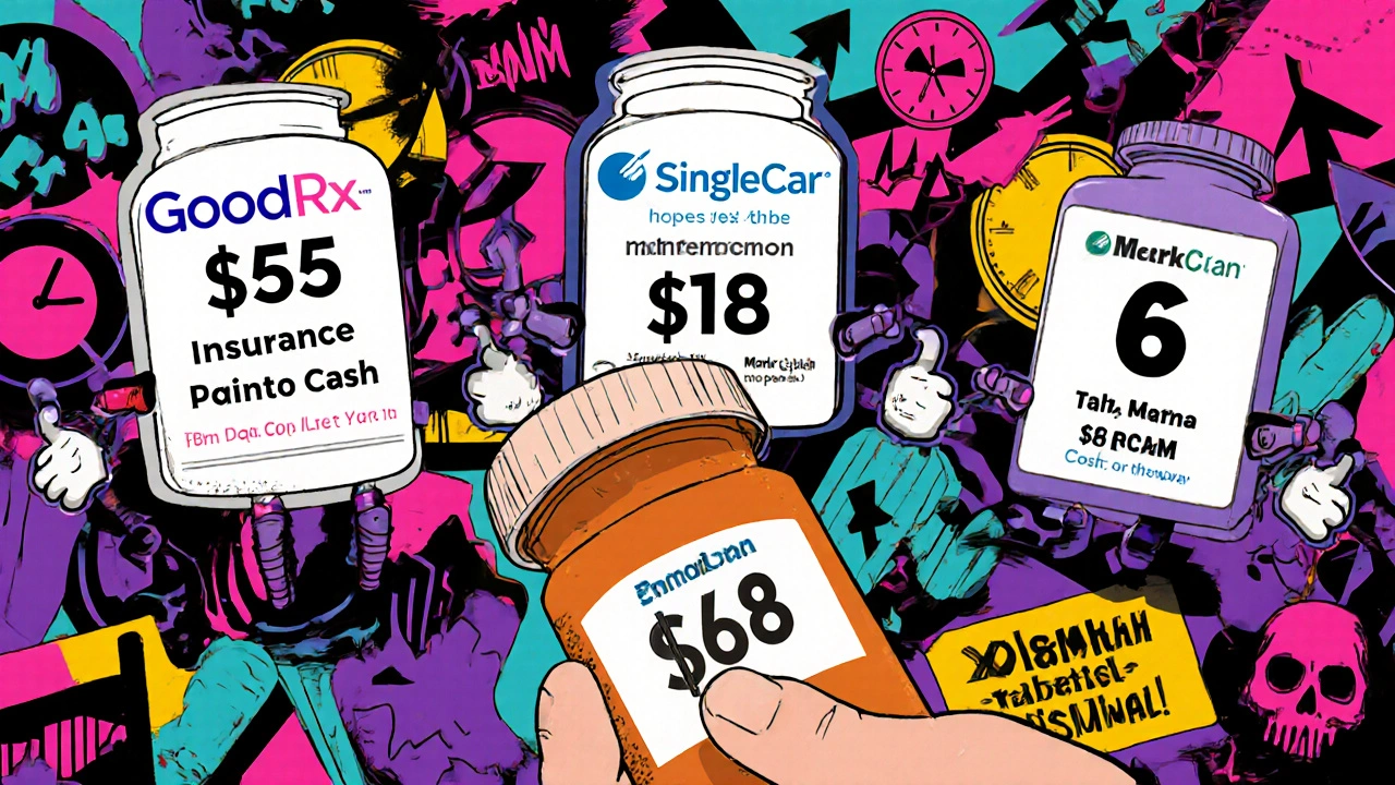 Paciente comparando precios de medicamentos con apps amigables y etiquetas de costo en diseño Memphis.