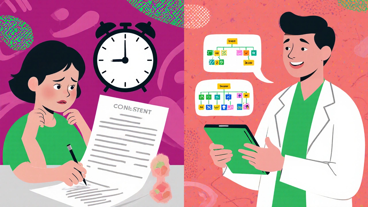 Paciente en dos escenas: uno firmando apresuradamente, otro hablando con un médico usando una tablet con gráficos de decisión.