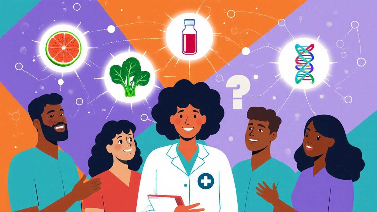 Pacientes preguntando a un farmacéutico mientras flotan íconos de alimentos y ADN, en estilo Memphis vibrante.