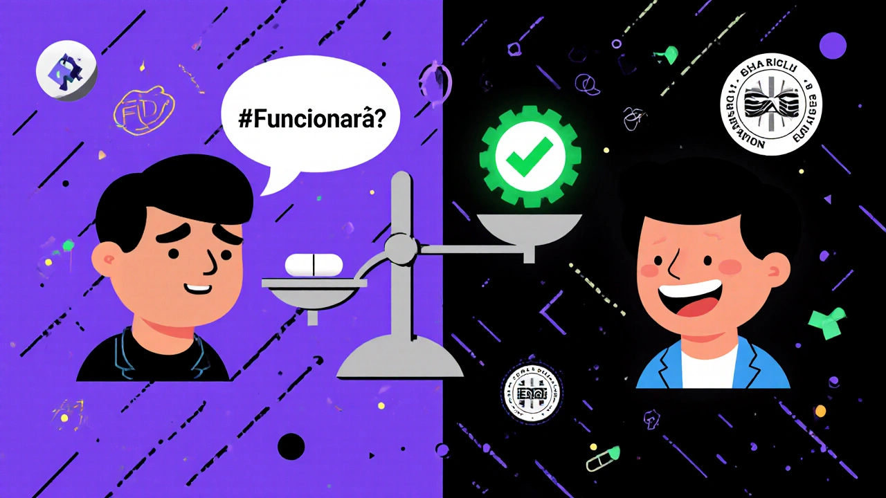 Persona comparando pastillas de marca y genéricas, con una balanza y sellos de aprobación en estilo geométrico.