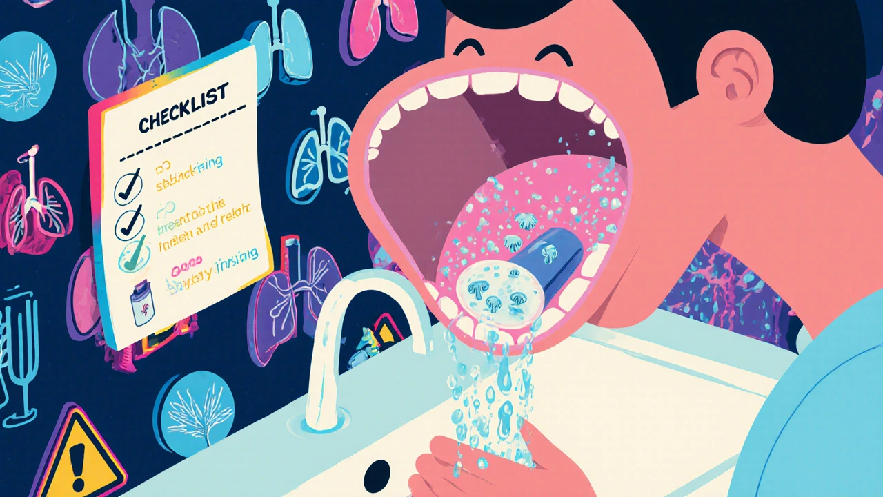 Persona enjuagándose la boca tras usar inhalador, con gotas de agua y hongos desapareciendo.