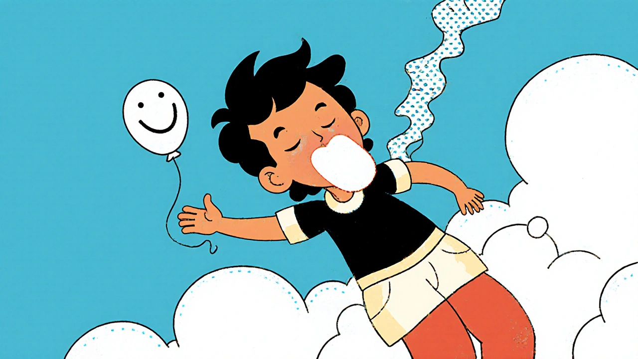 Persona masticando chicle en un avión, con efecto de presión equilibrándose por un tubo en estilo gráfico vibrante.