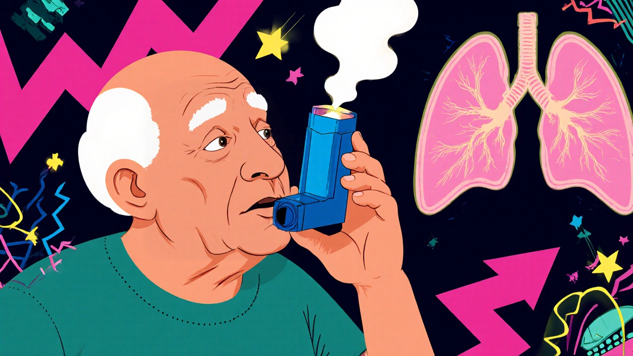 Persona mayor intentando usar un inhalador de polvo seco, pero el polvo se dispersa sin llegar a los pulmones.