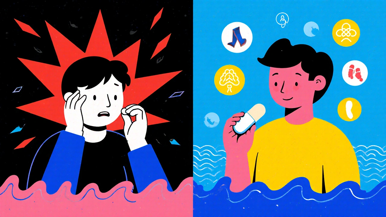 Persona pasando de ansiedad caótica a calma con pastilla más larga y símbolos de mindfulness.