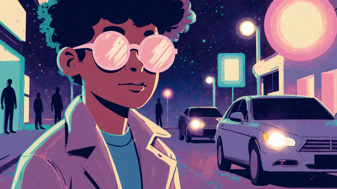 Persona usando gafas FL-41 caminando bajo luces suaves en la ciudad nocturna.