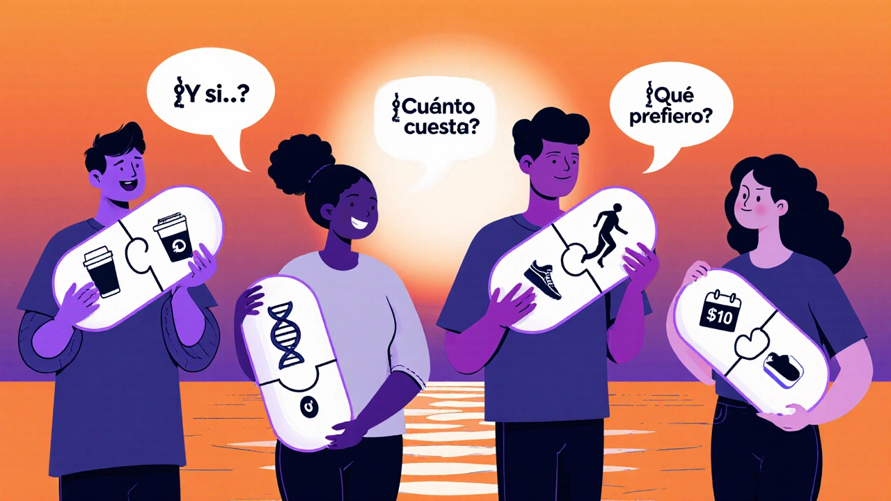 Personas con pastillas personalizadas en forma de piezas de rompecabezas que encajan en sus siluetas, con símbolos de ADN y estilo de vida.