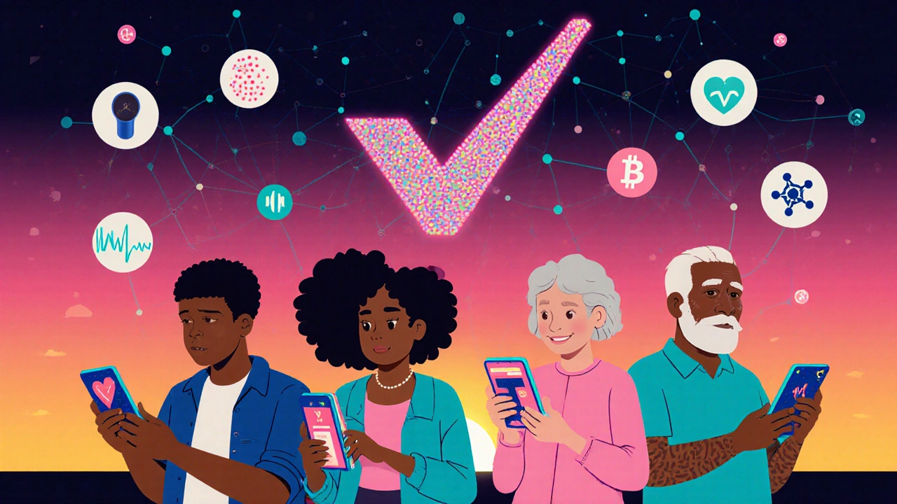 Personas de distintas edades usando apps de salud con símbolos de innovación.