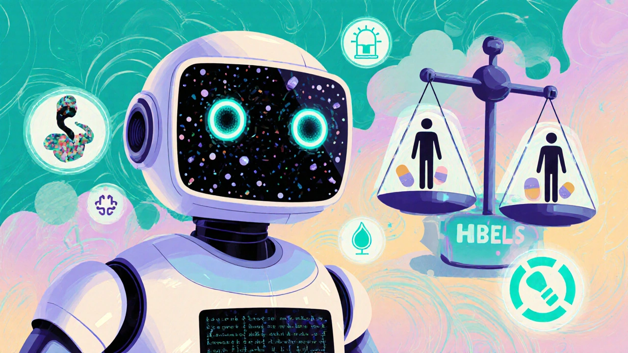 Robot de IA analizando datos de contaminación con límites de salud como balanzas flotantes.