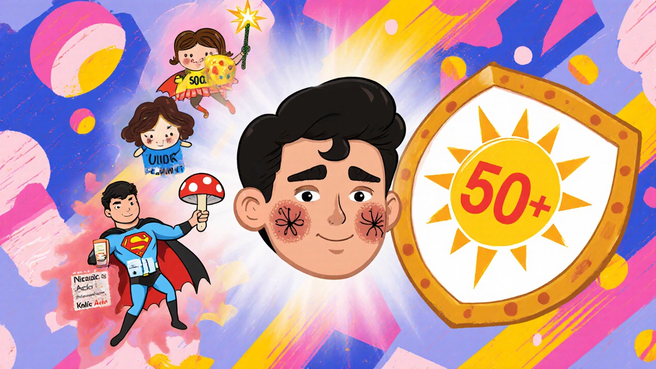 Rostro con manchas siendo tratado por ingredientes superheroes como niacinamida, ácido azelaico y ácido kójico, bajo un escudo solar.