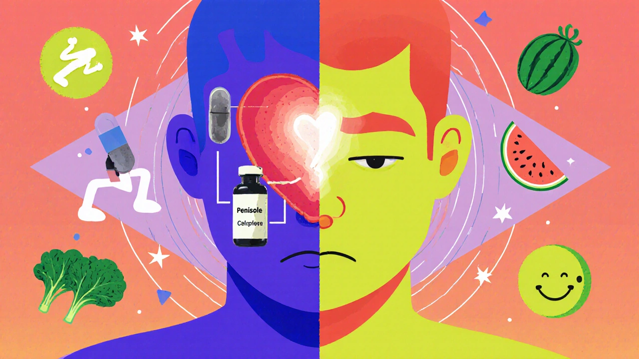 Silueta humana dividida entre un suplemento ineficaz y opciones saludables con símbolos de bienestar.