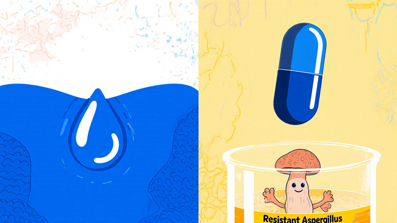 Solución líquida de itraconazol disolviéndose vs. cápsula inactiva en entorno ácido, hongo resistente.