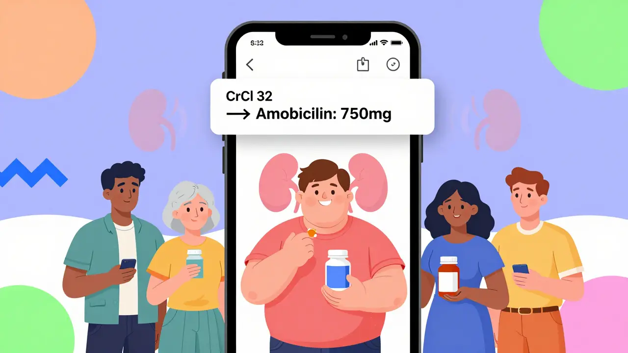 App móvil mostrando dosis personalizada para medicamentos, con iconos de riñones y personas diversas en estilo Memphis.