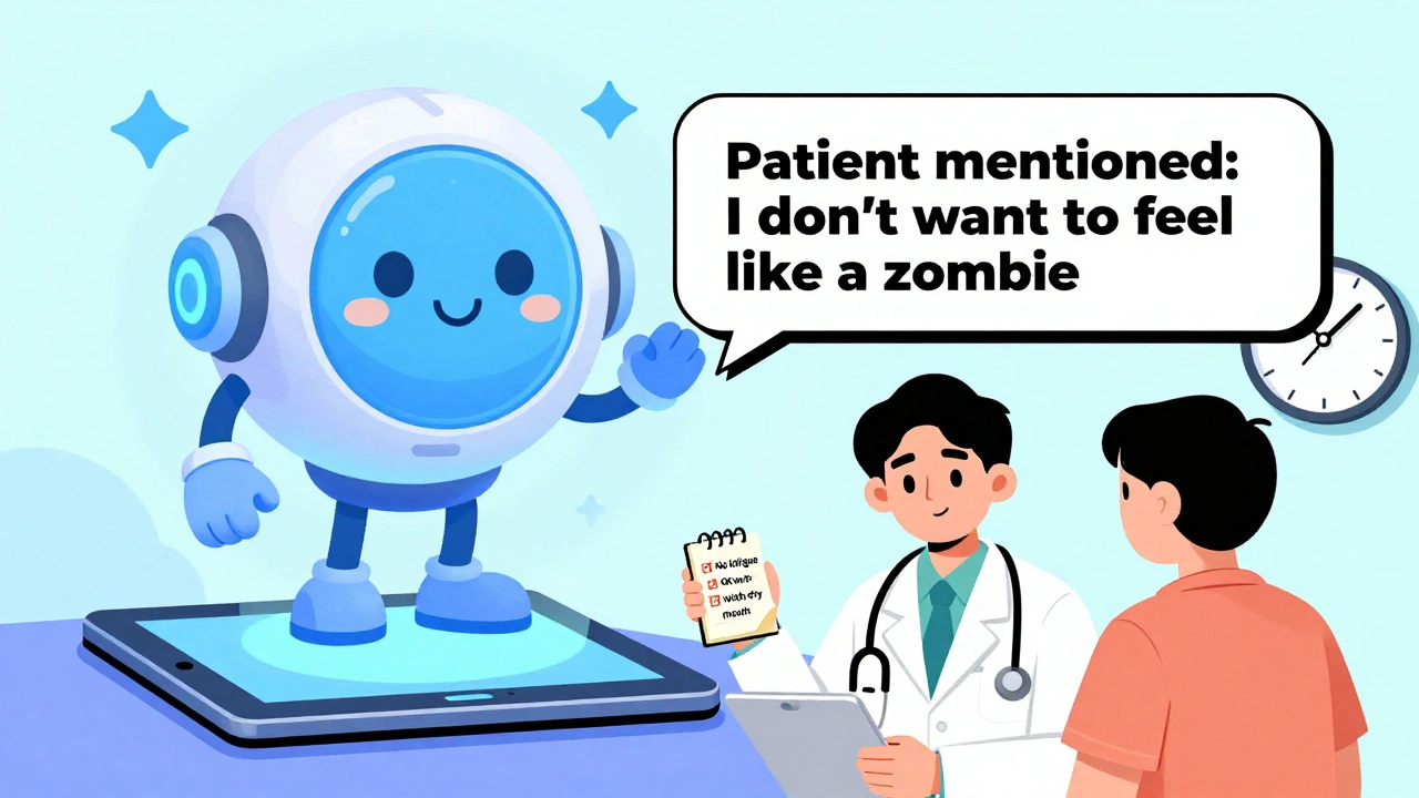Asistente de IA ayuda a un médico a reconocer la preocupación principal del paciente sobre la fatiga durante una consulta.