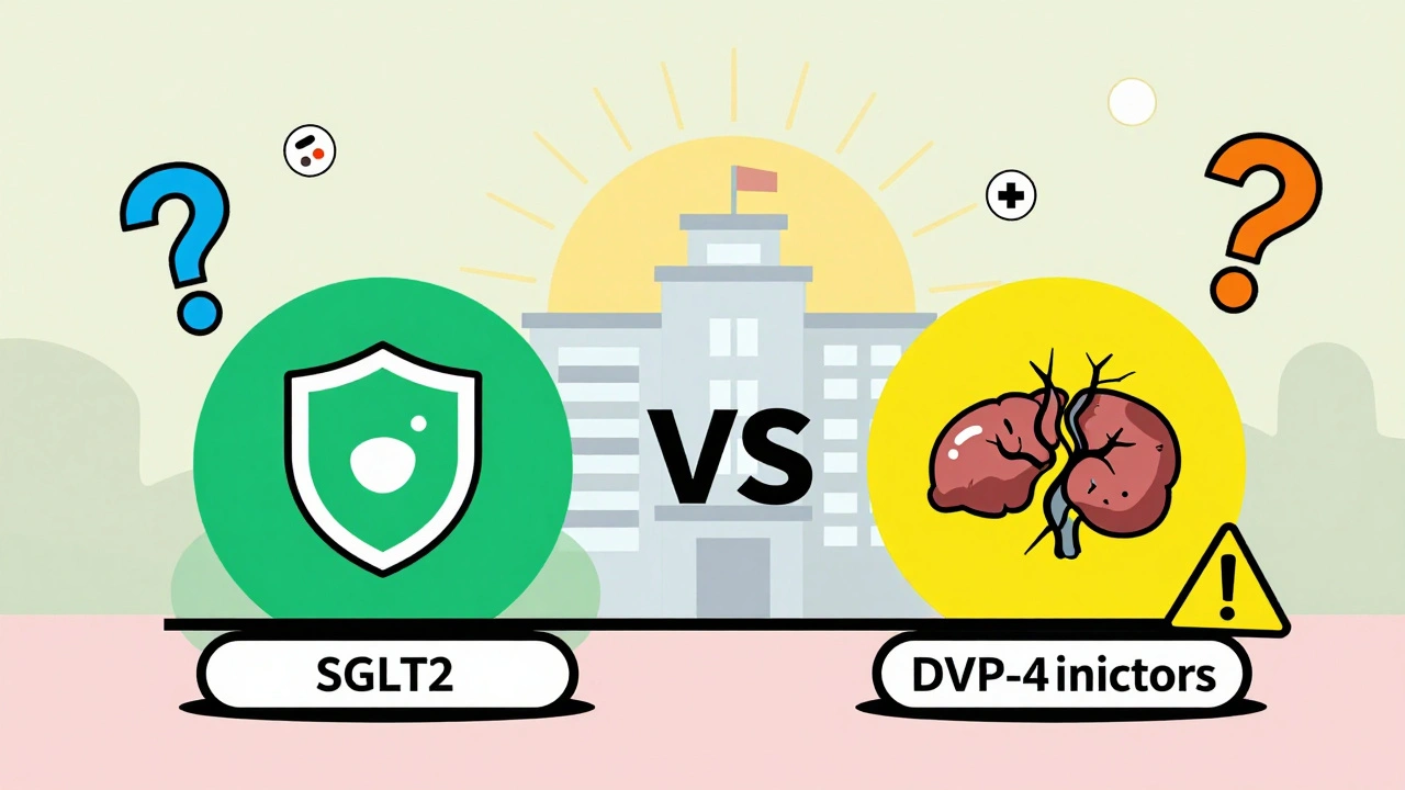 Balanza comparando medicamentos para diabetes con símbolos de riesgo y seguridad.