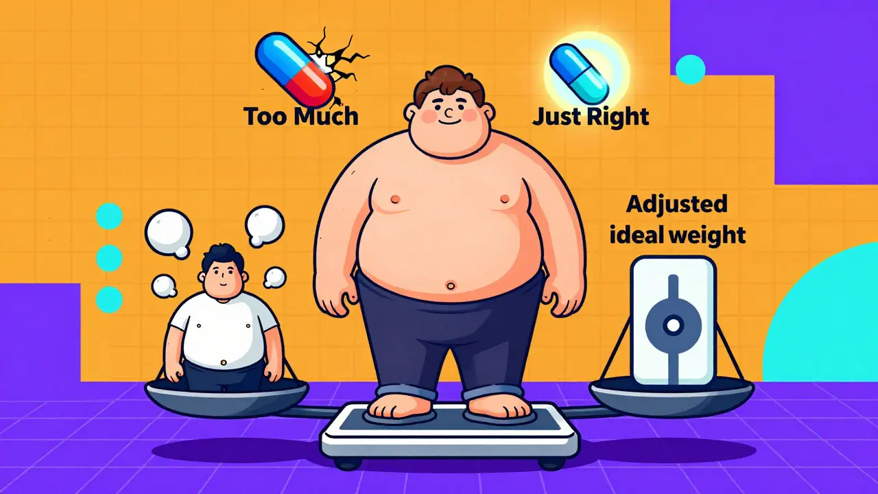 Balanza comparando peso real y peso ideal ajustado con cápsulas de vancomicina, fondo geométrico colorido.