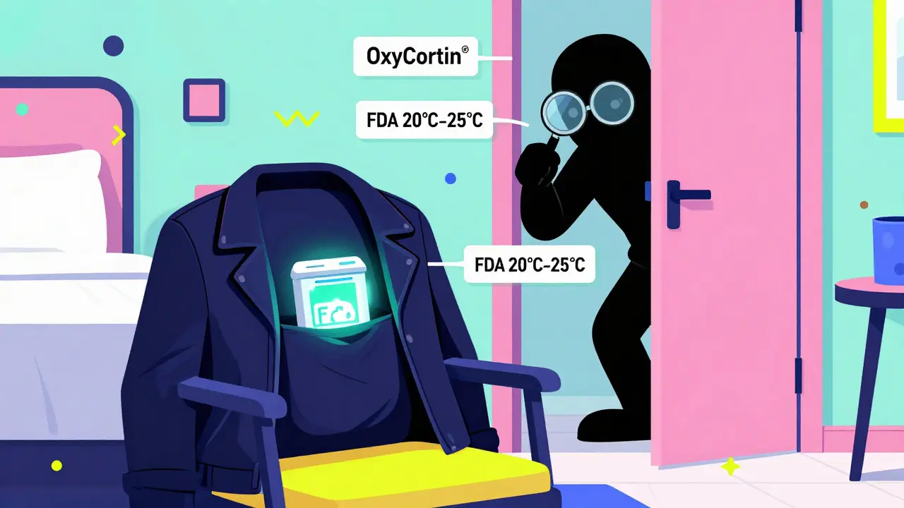 Caja RFID con medicamentos protegida en una chaqueta, mientras un ladrón espiando desde la puerta del hotel.