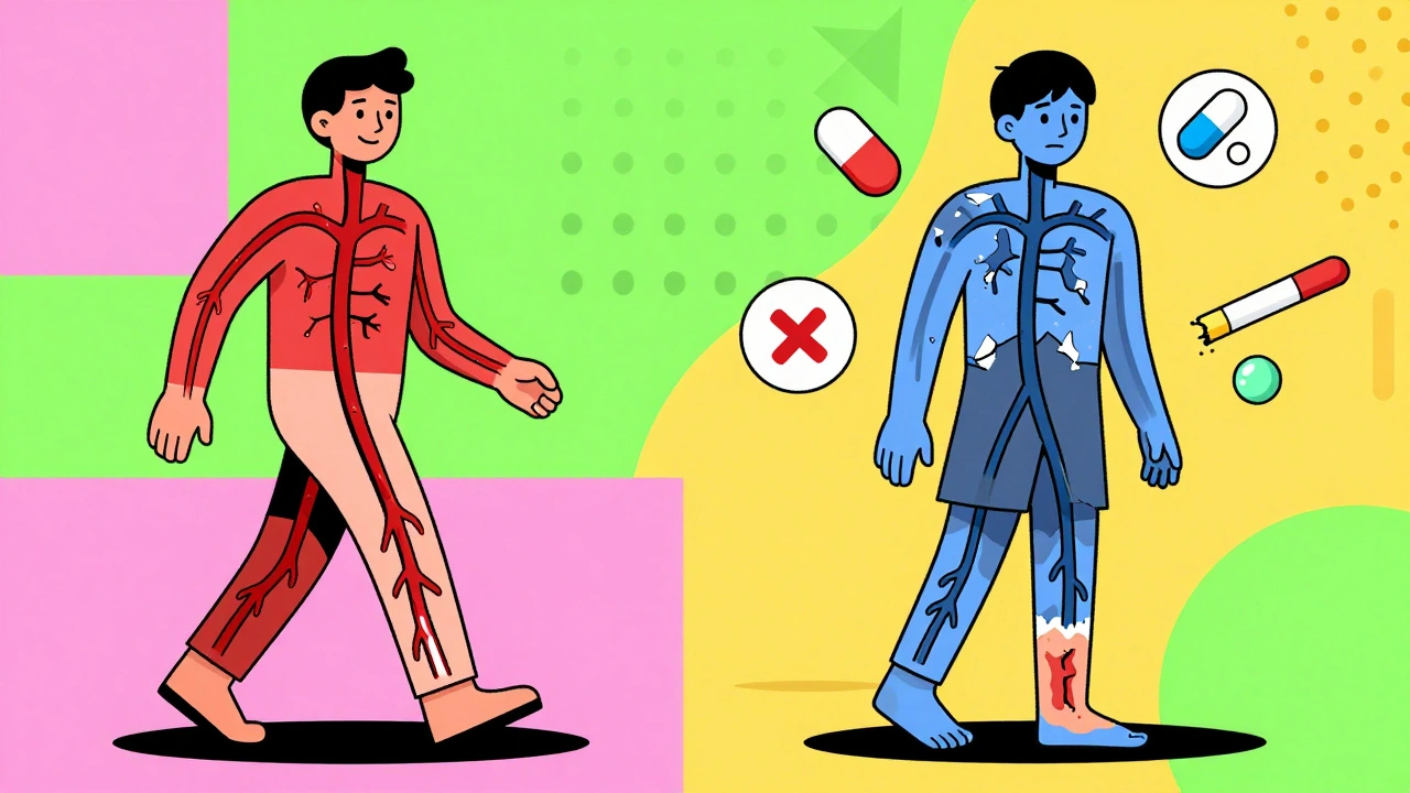 Comparación entre una pierna sana y una con enfermedad arterial: una camina feliz, la otra tiene heridas y símbolos de medicamentos y tabaco.