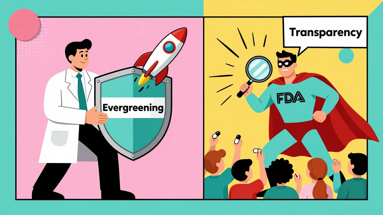 Escena dividida: CEO bloqueando genéricos vs. superhéroe FDA rompiendo barreras con transparencia, estilo Memphis.