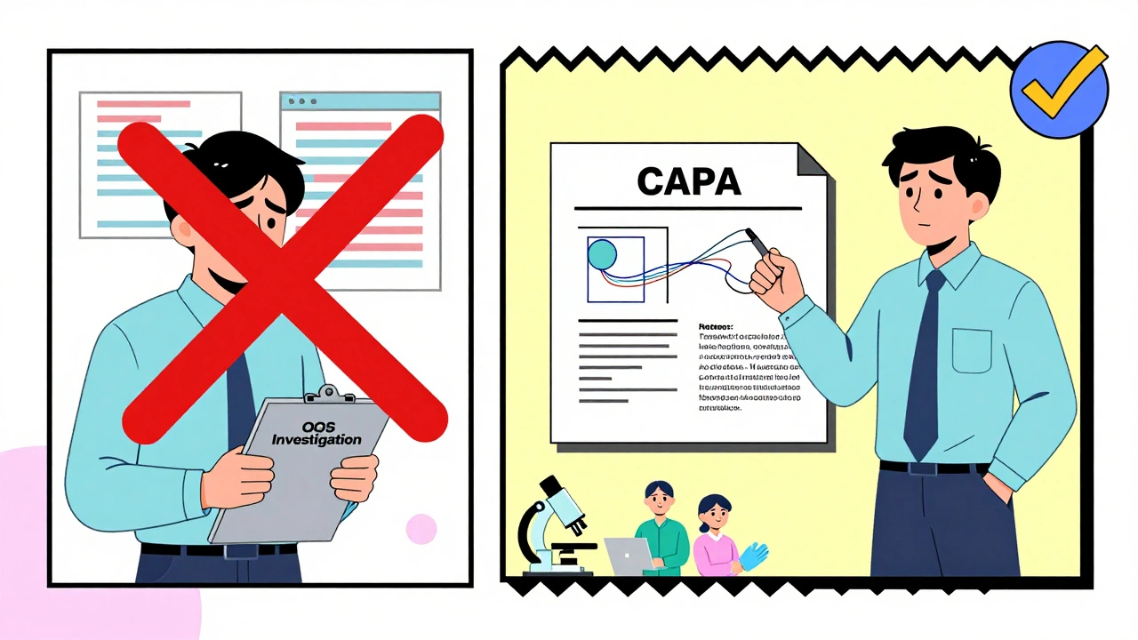 Escena dividida: un gestor de calidad corrige datos falsos y luego presenta un plan de acción correctivo validado.