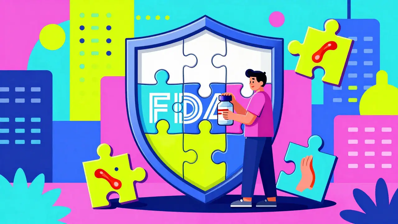 Escudo de la FDA compuesto por piezas de rompecabezas, una siendo colocada por un paciente con un frasco de medicamento.