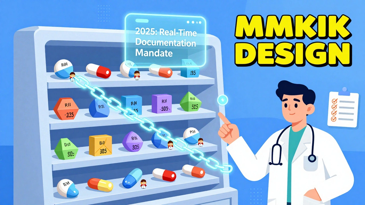 Estantería de medicamentos con etiquetas de lote y fabricante conectadas por una cadena blockchain, con alerta de normativa 2025.