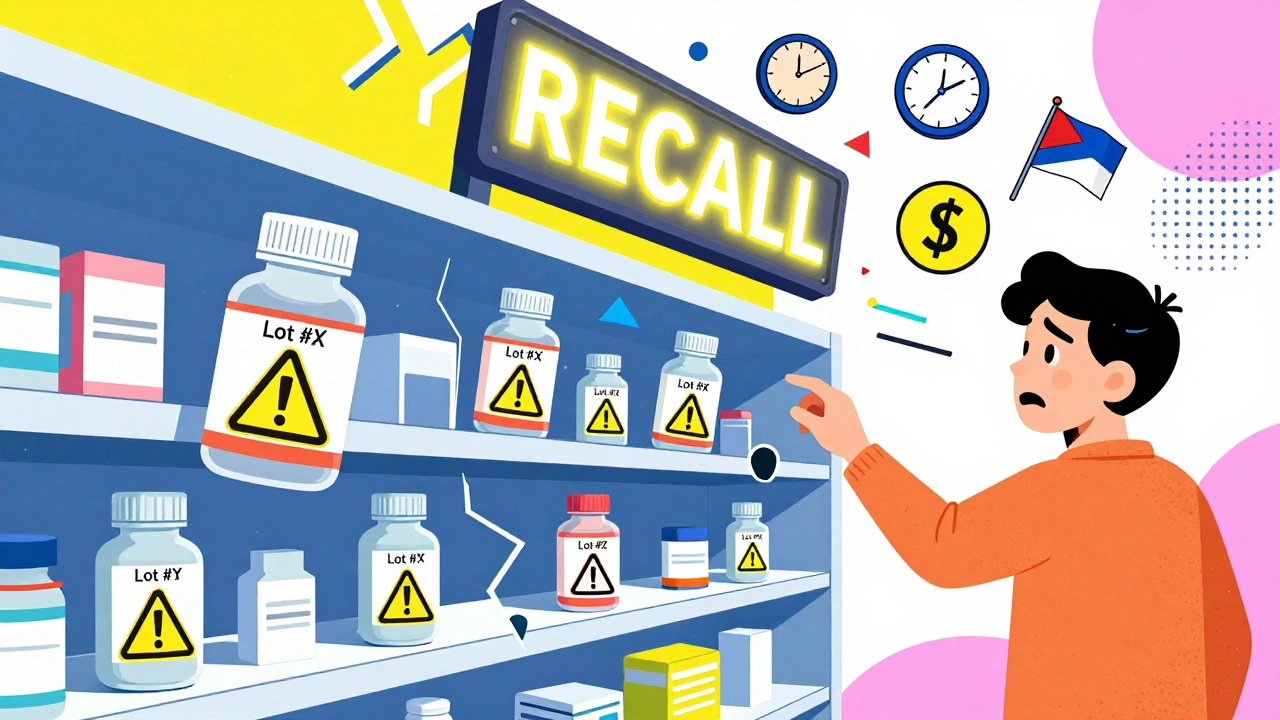 Estantes de farmacia con frascos de medicamentos rotos y señales de retiro parpadeantes, en estilo gráfico Memphis.