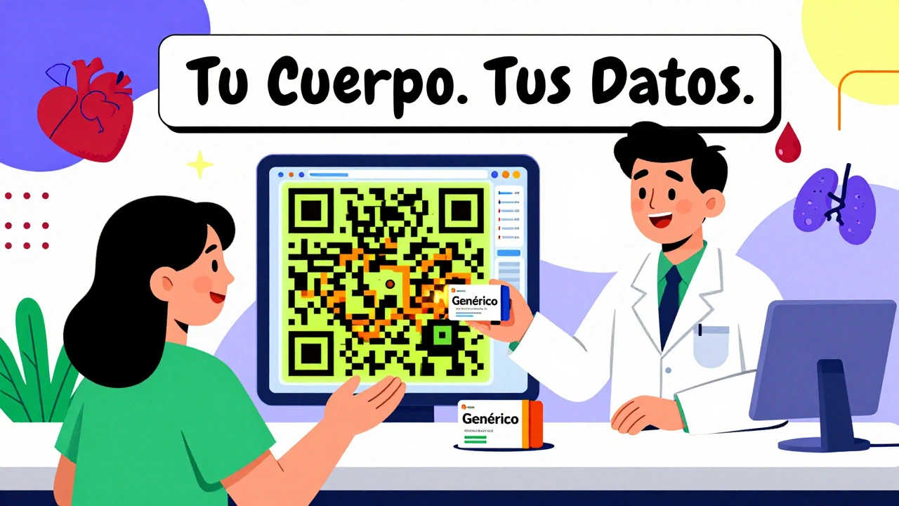Farmacéutico entrega una caja de medicamento con código QR y gráficos de síntomas.