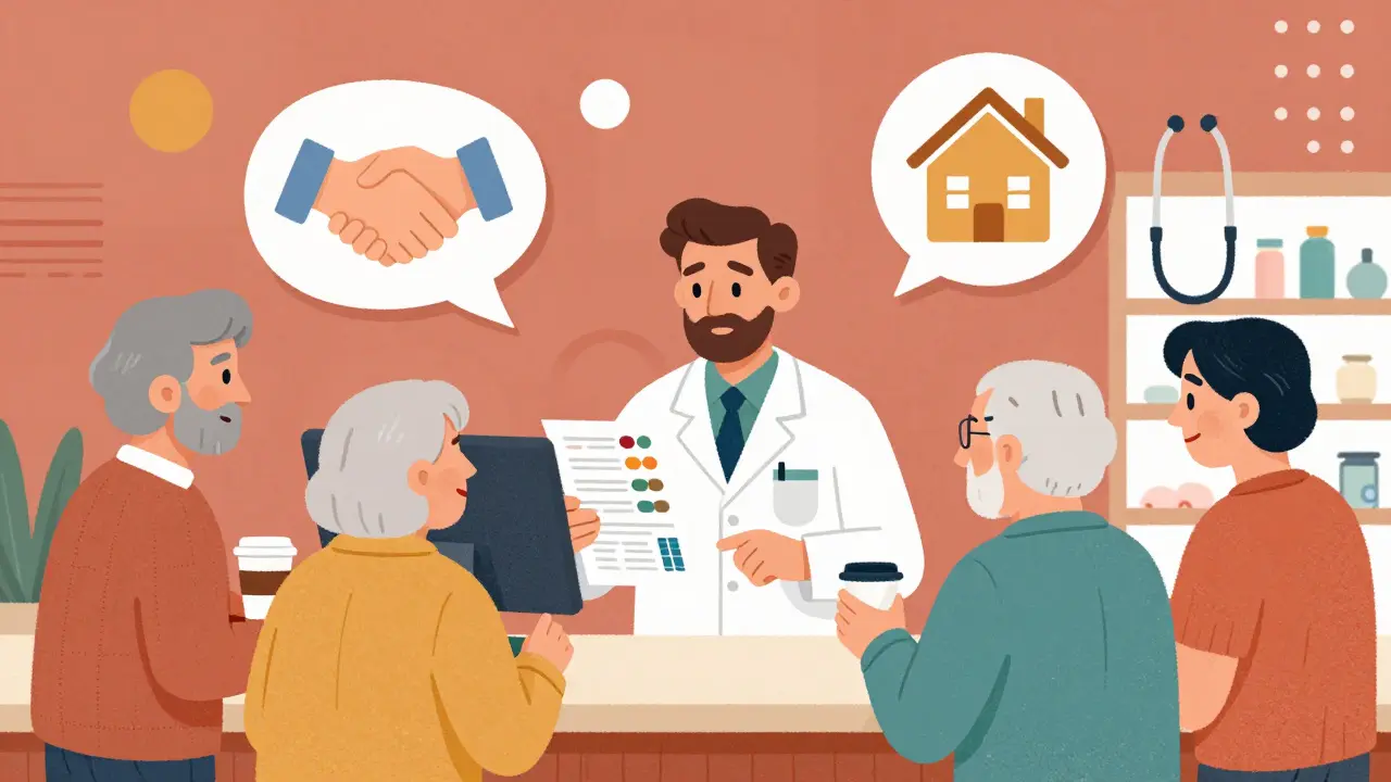 Farmacéutico explica comparación visual de pastillas a un grupo de pacientes mayores en una farmacia rural.