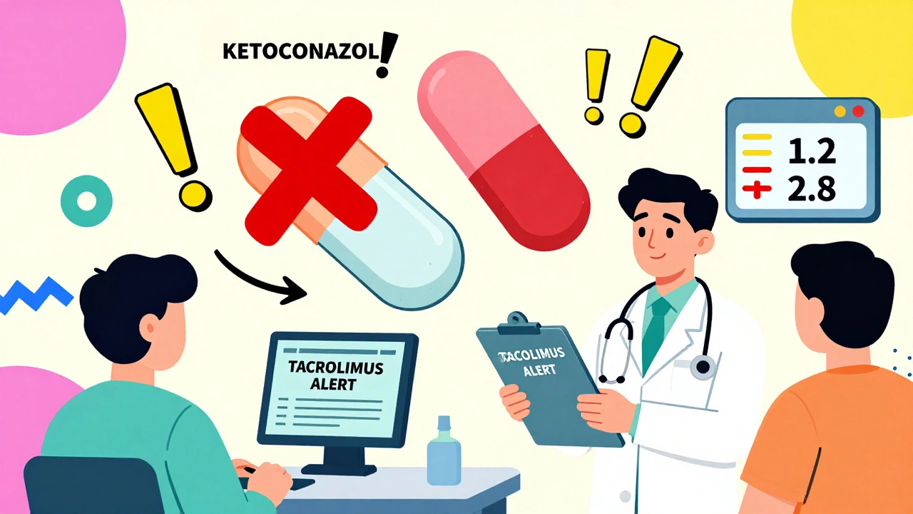 Farmacia estilizada con pastillas de azol y alerta de tacrolimus, creatinina subiendo, estilo geométrico y colores pastel.