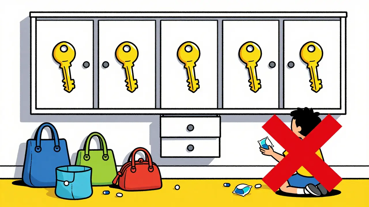 Gabinetes cerrados con llave a 1.5 metros de altura, mientras objetos peligrosos caen al suelo.