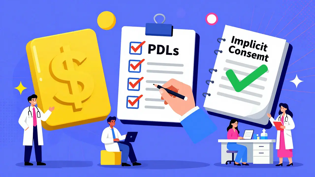 Iconos estilizados de copagos, listas preferidas y consentimiento implícito en una oficina estatal con estilo Memphis.