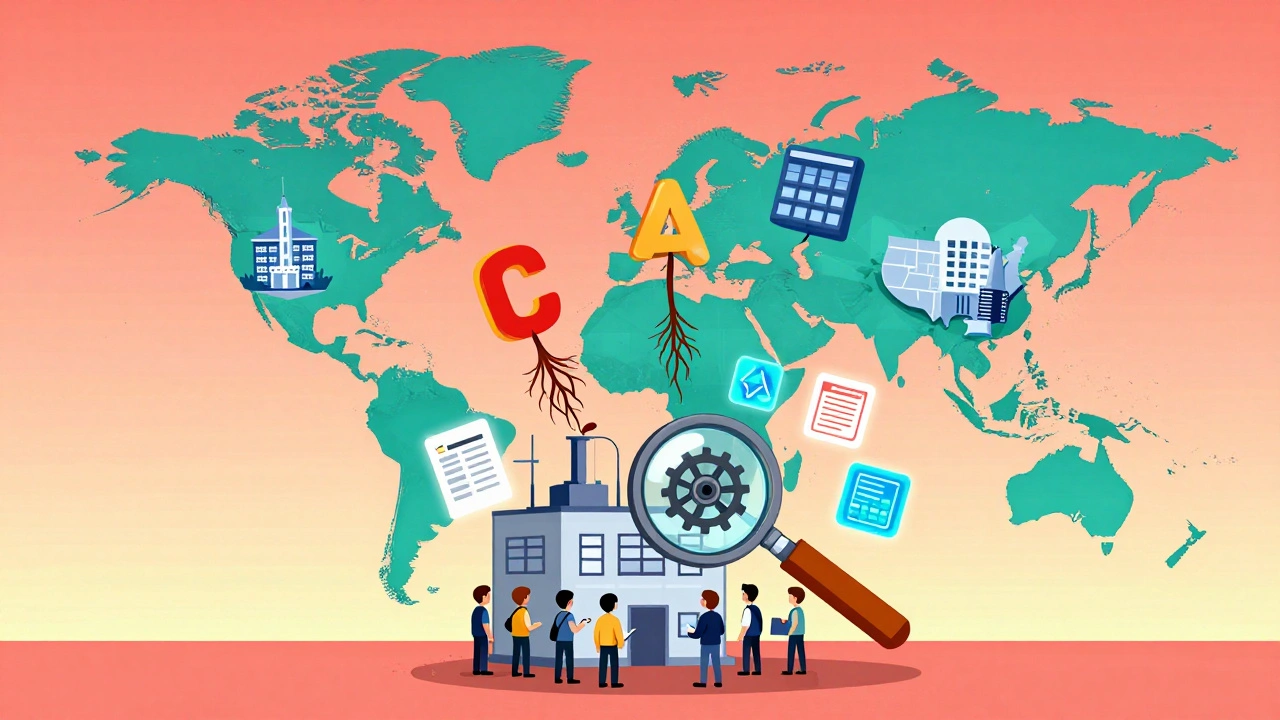 Mapa global con cartas de advertencia que afectan fábricas, mientras una pequeña empresa repara su sistema de calidad.