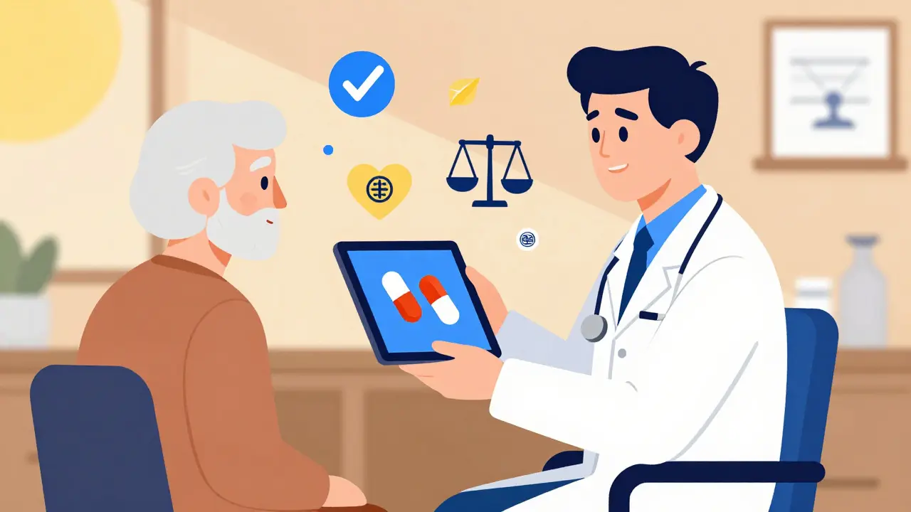 Médico y paciente mayor mirando una animación 3D de pastillas en una tableta, rodeados de iconos geométricos simbólicos.