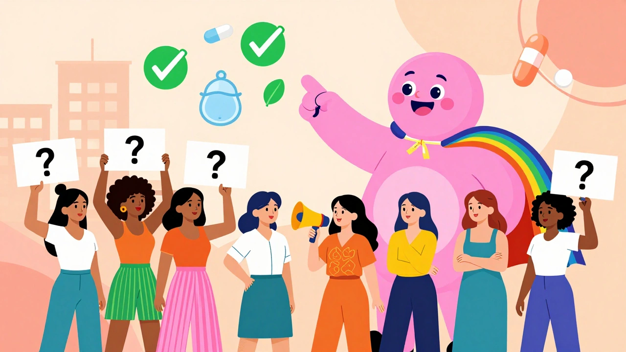 Mujeres diversas con megáfonos, lideradas por un personaje de MotherToBaby, rodeadas de símbolos de seguridad.