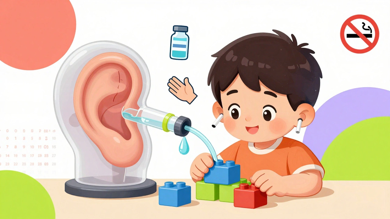 Niño con tubos en los oídos juega feliz, mientras fluidos drenan y símbolos de vacunas flotan alrededor.