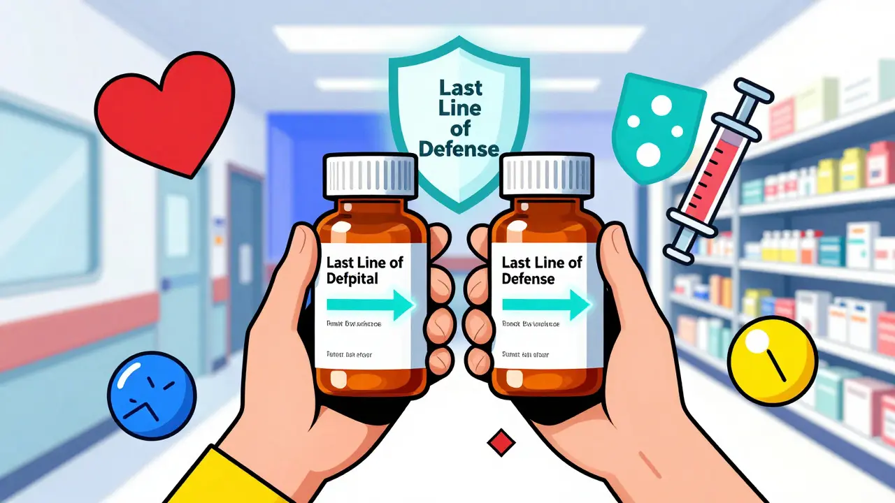 Paciente compara botellas de medicamentos con flechas que muestran diferencias de dosis y un escudo de defensa.