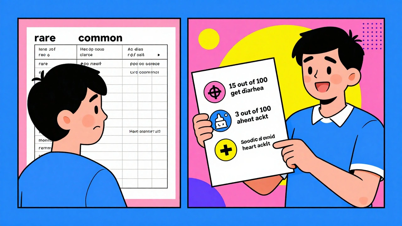 Paciente compara opciones médicas: izquierda con términos confusos, derecha con gráficos simples y números concretos.