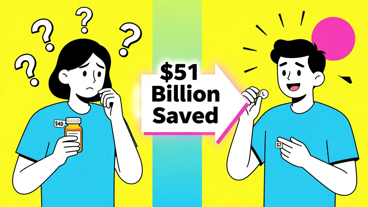 Paciente comparando un medicamento caro con uno de , ilustrado en estilo Memphis con flecha de ahorro y formas geométricas.