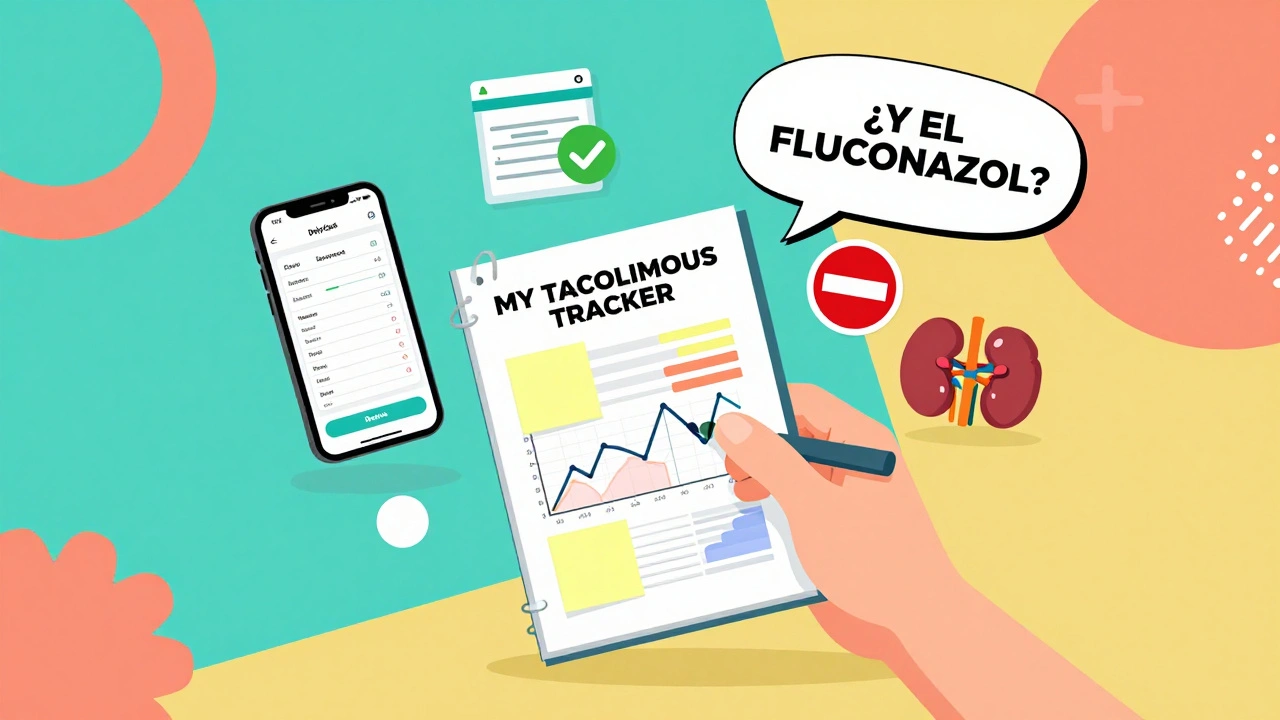 Paciente con cuaderno de seguimiento de tacrolimus, íconos de medicamentos seguros y peligrosos, estilo Memphis vibrante.