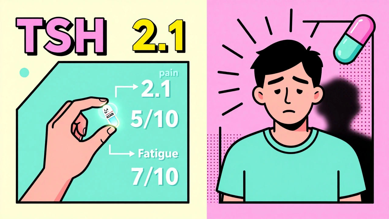 Paciente con lecturas médicas flotantes y pastillas genéricas de diferentes colores.