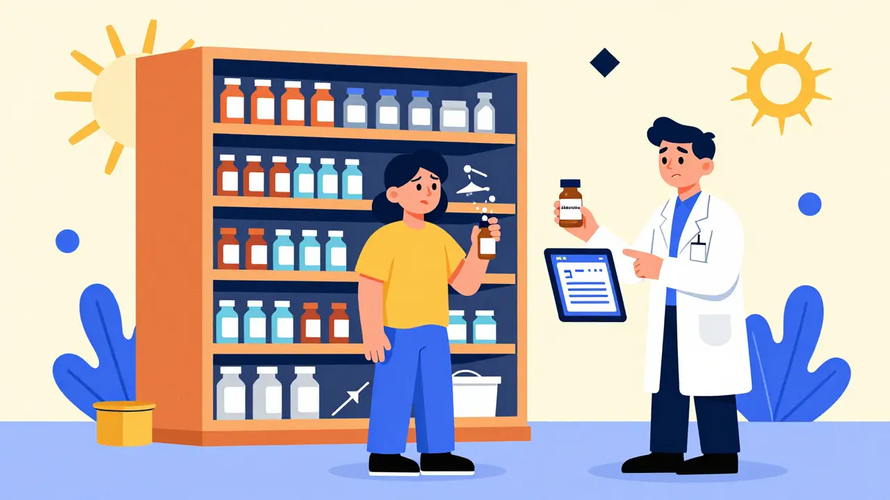Paciente con medicamento alternativo frente a una farmacia colapsada en estilo ilustrado.