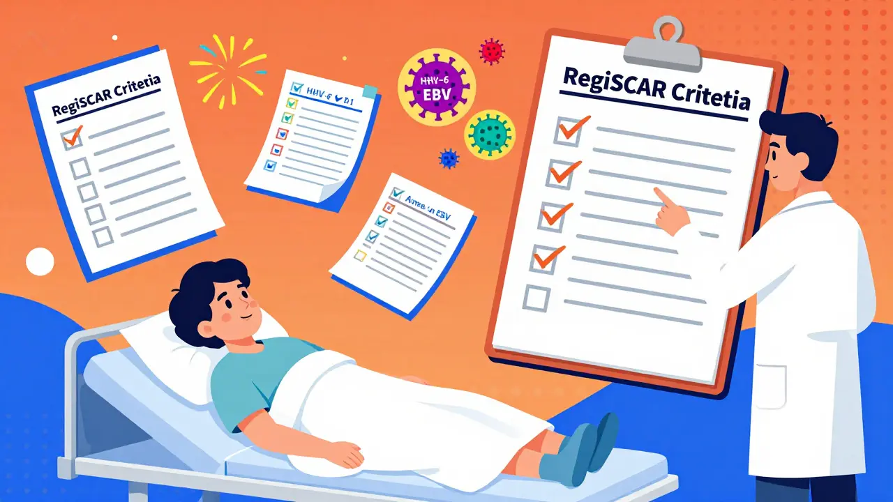 Paciente en hospital con resultados de laboratorio flotantes y checklist de diagnóstico en estilo Memphis.