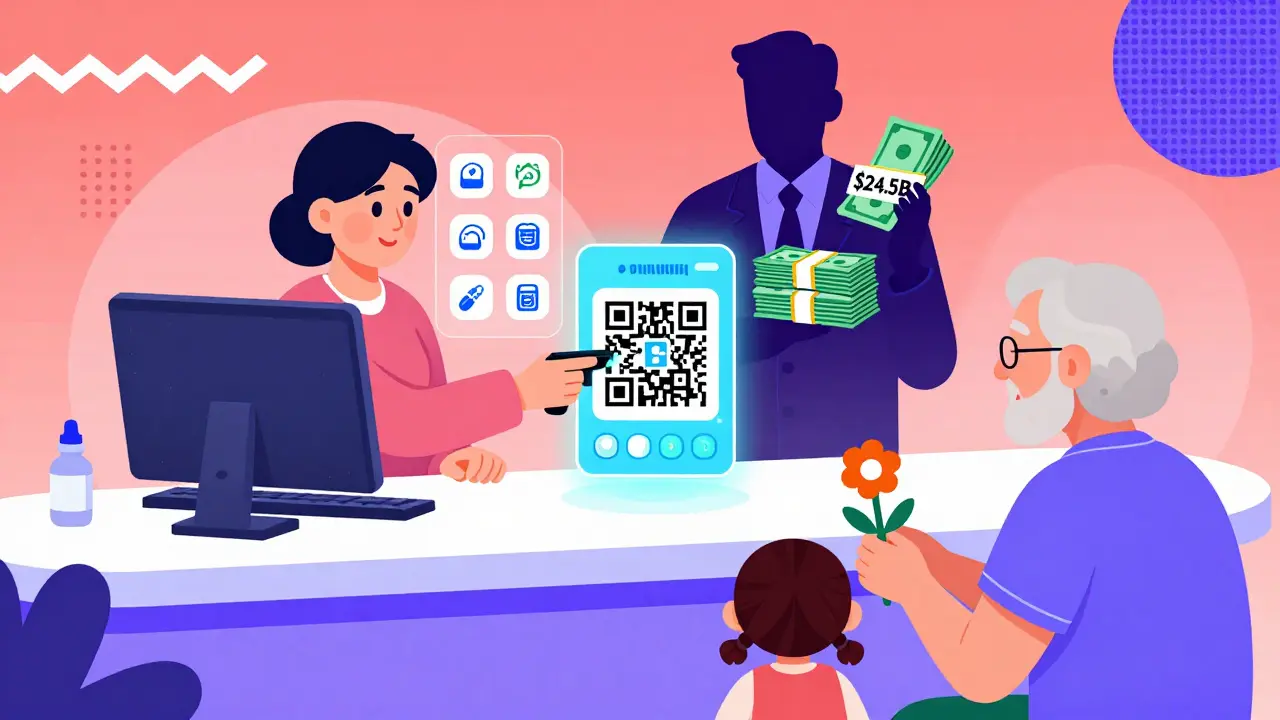 Paciente escanea un código que activa una herramienta de ayuda médica, mientras una figura corporativa cuenta dinero en fondo colorido.