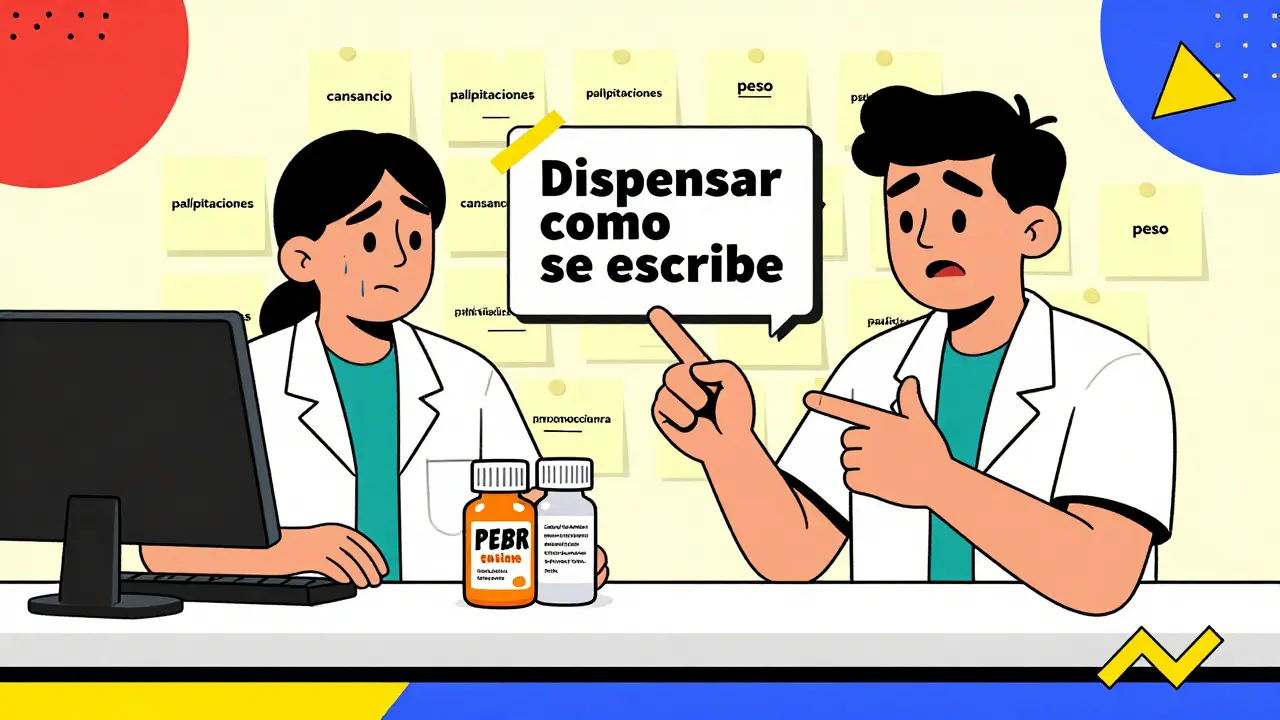Paciente exige consistencia en su medicación mientras farmacéutico sostiene botellas sin identificar.