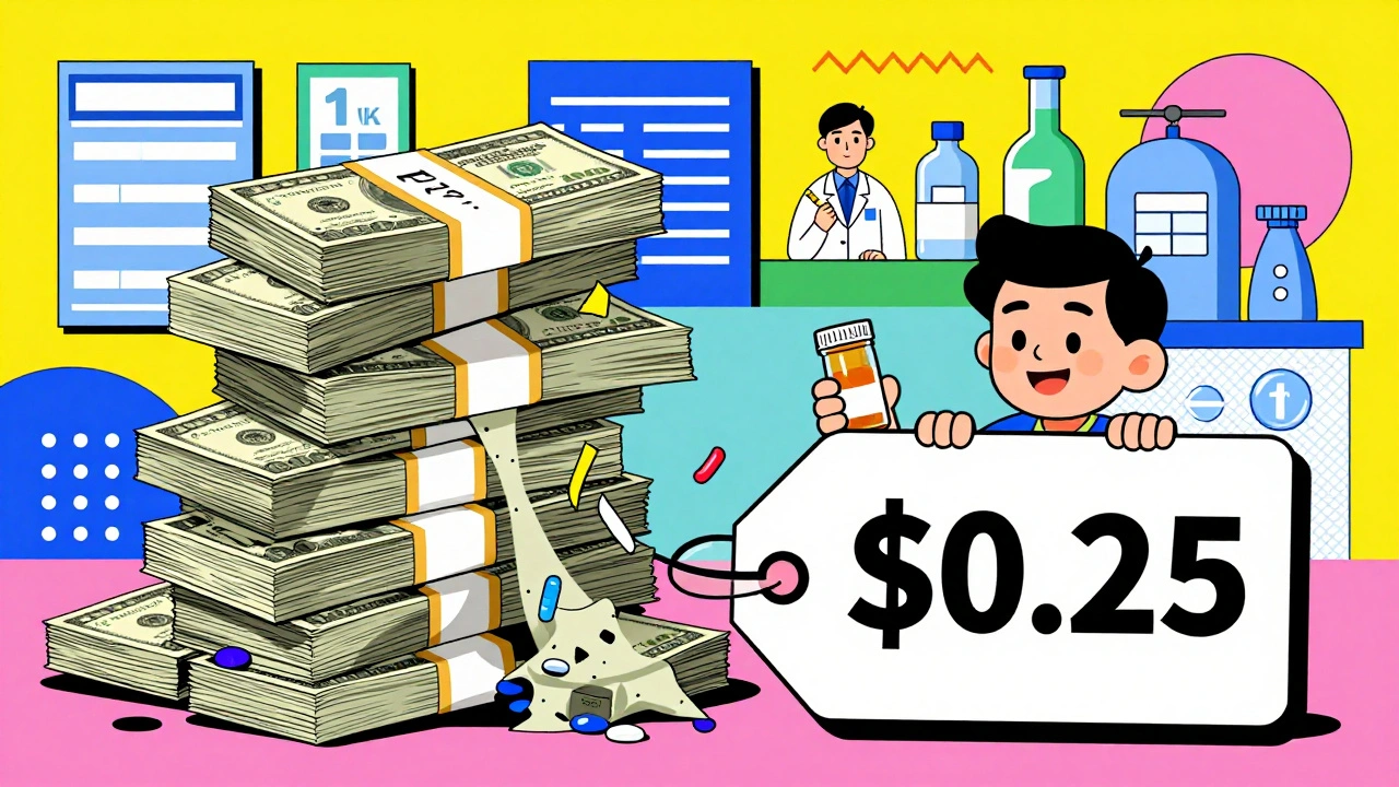 Paciente feliz con pastilla barata mientras millones de dólares se convierten en confeti.