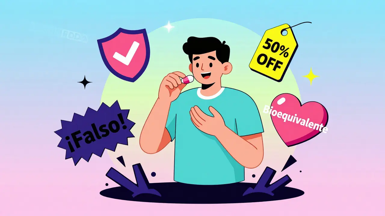 Paciente tomando un medicamento genérico con símbolos positivos, mientras anuncios falsos se desmoronan en estilo Memphis.