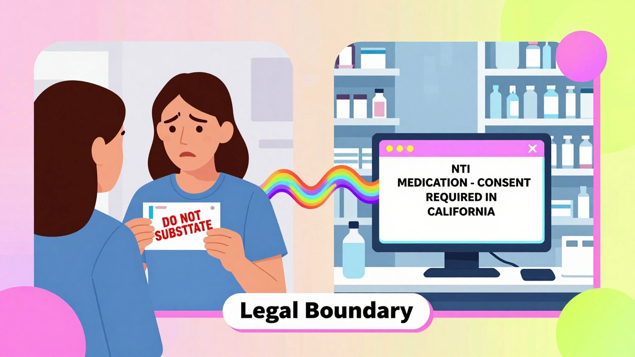 Paciente y farmacéutico en escena dividida: uno rechaza sustitución, el otro recibe alerta legal por medicamento de índice terapéutico estrecho.