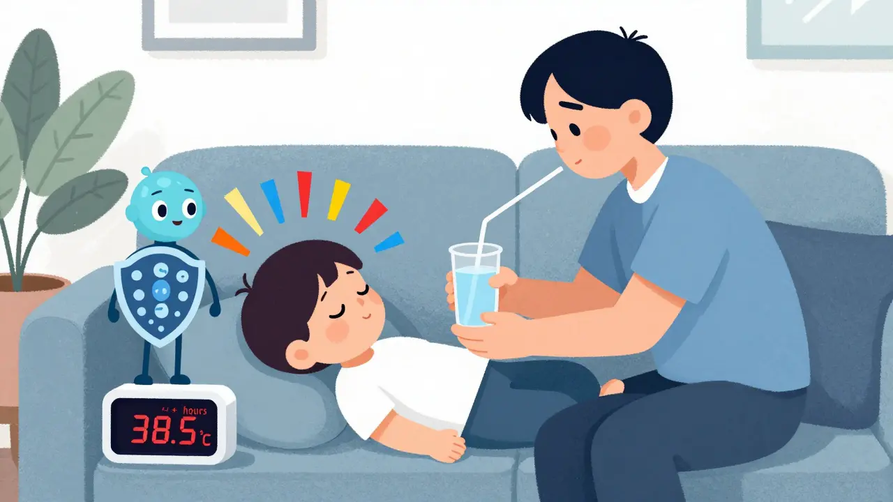 Padre ofrece agua a niño en el sofá con reloj y termómetro que marca 4 horas.