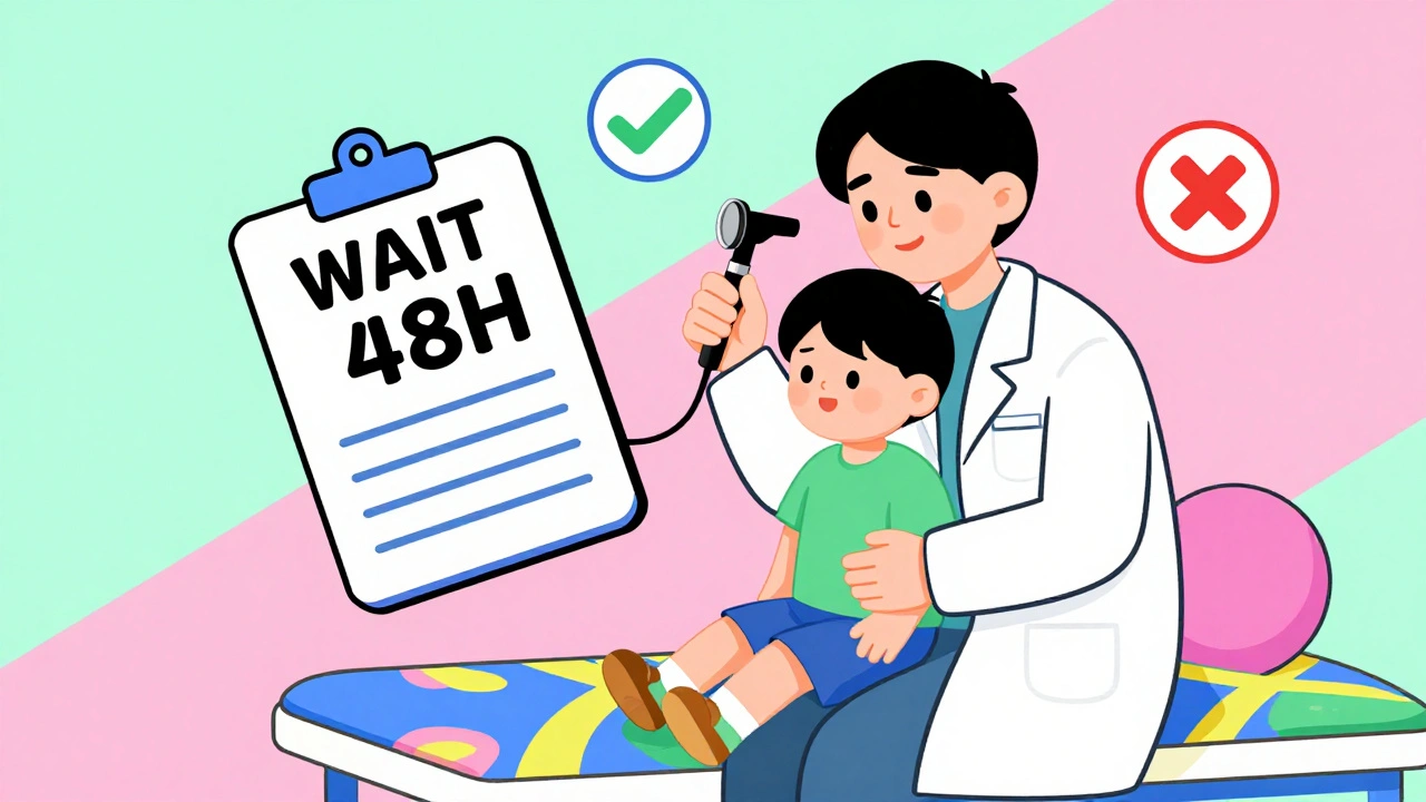 Pediatra examina el oído de un niño con un otoscopio, mientras flota una receta que dice &#039;ESPERA 48H&#039;.